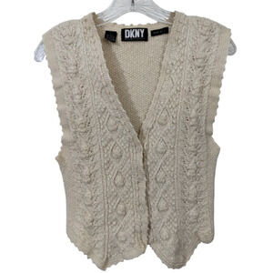 3207) DKNY Hand Knit Cottageore Wool Blend Button Up Cream Vest Size Medium